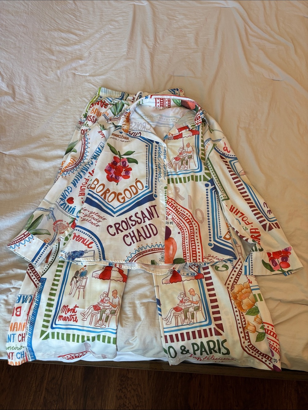 Fashion Nova Cream Multicolor Paris Print Button-Down Shirt and pants set